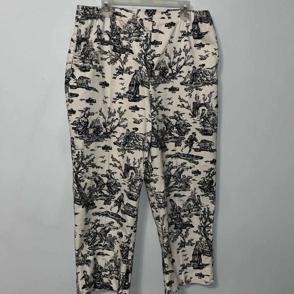 Vintage Prestige Cropped Ankle Pants French Toile Pattern Elastic Waist Pockets